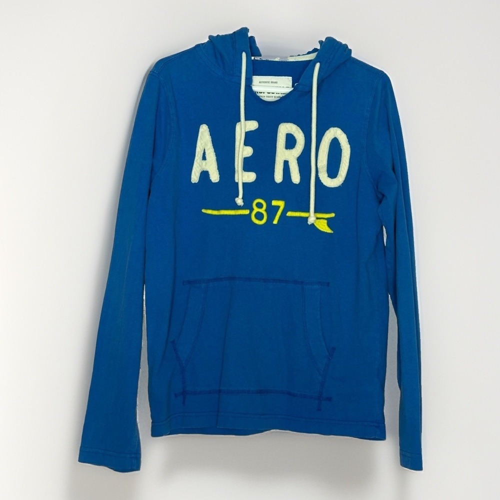 Aeropostale‎ Aero 87 Spellout Hoodie M Blue Wool Blend Cotton Y2K Pullover